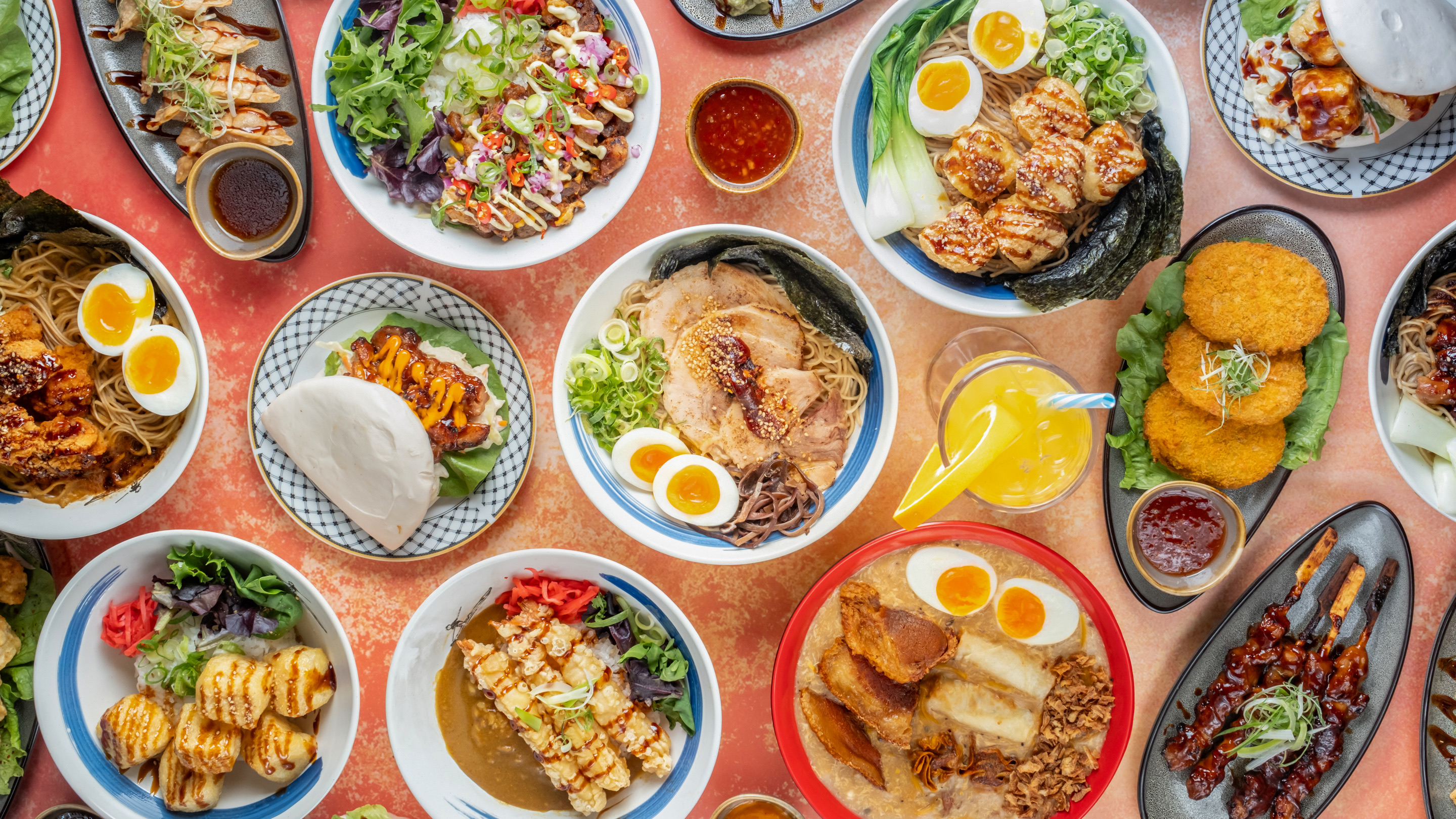 Delicious Japanese dishes including ramen, gyoza, yakitori, and more