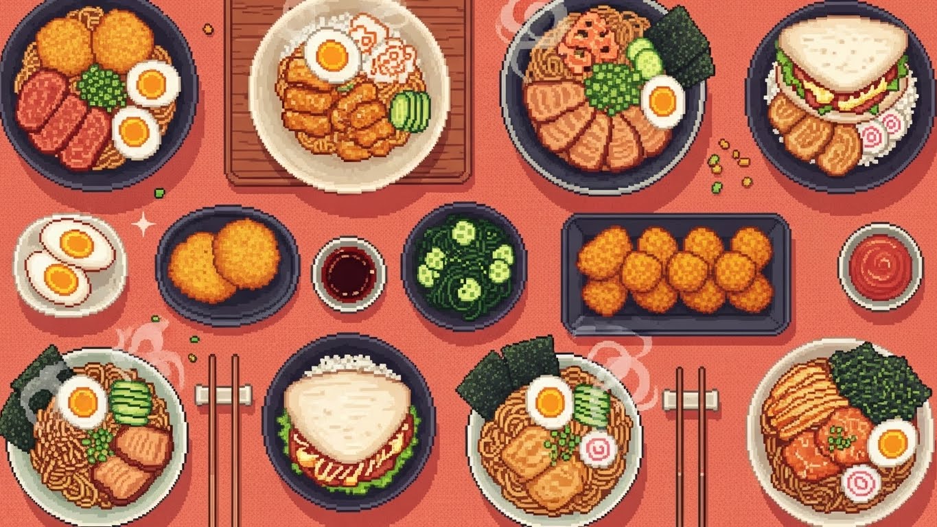 Yoru Umi Japanese dishes in pixel art style